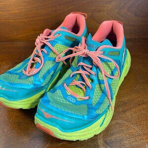 Hoka One One Womens Clifton 3 Running Shoes Size 9 Teal/Green With Coral Accents